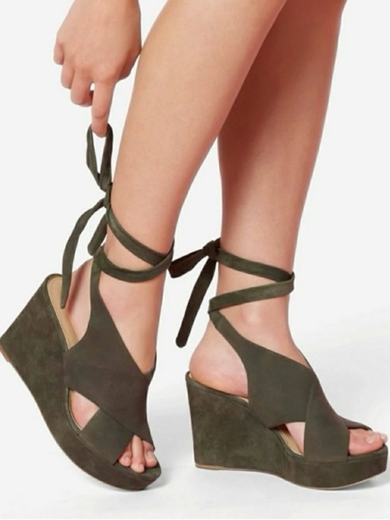 Etienne Aigner Shoes - Etienne Aigner Wedge Heels Sandals Shoes Green Suede Tie Ankle 8.5
